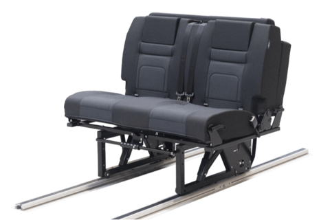 2 belt Scopema Sliding Rail Seat Bed RIB Safety Tested ISO-FIX Latch, 3 point belts FMVSS Made in Europe Available for Sprinter, Metris and ProMaster with the Transit coming soon. Vanevolve.com