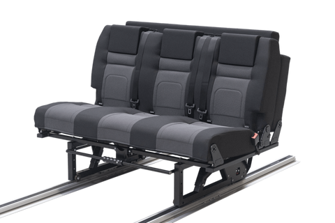 3 belt Scopema Sliding Rail Seat Bed RIB Safety Tested ISO-FIX Latch, 3 point belts FMVSS Made in Europe Available for Sprinter, Metris and ProMaster with the Transit coming soon. Vanevolve.com
