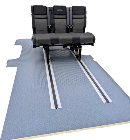 New! Van Evolve Pro Floor: shippable, insulated, easy install, adventure van track floor.  Comprehensively safety tested seat bed rails that fit the New Scopema Altair Sliding Rail Seat Bed.  Available for Sprinter, Metris and ProMaster with the Transit coming soon. Vanevolve.com